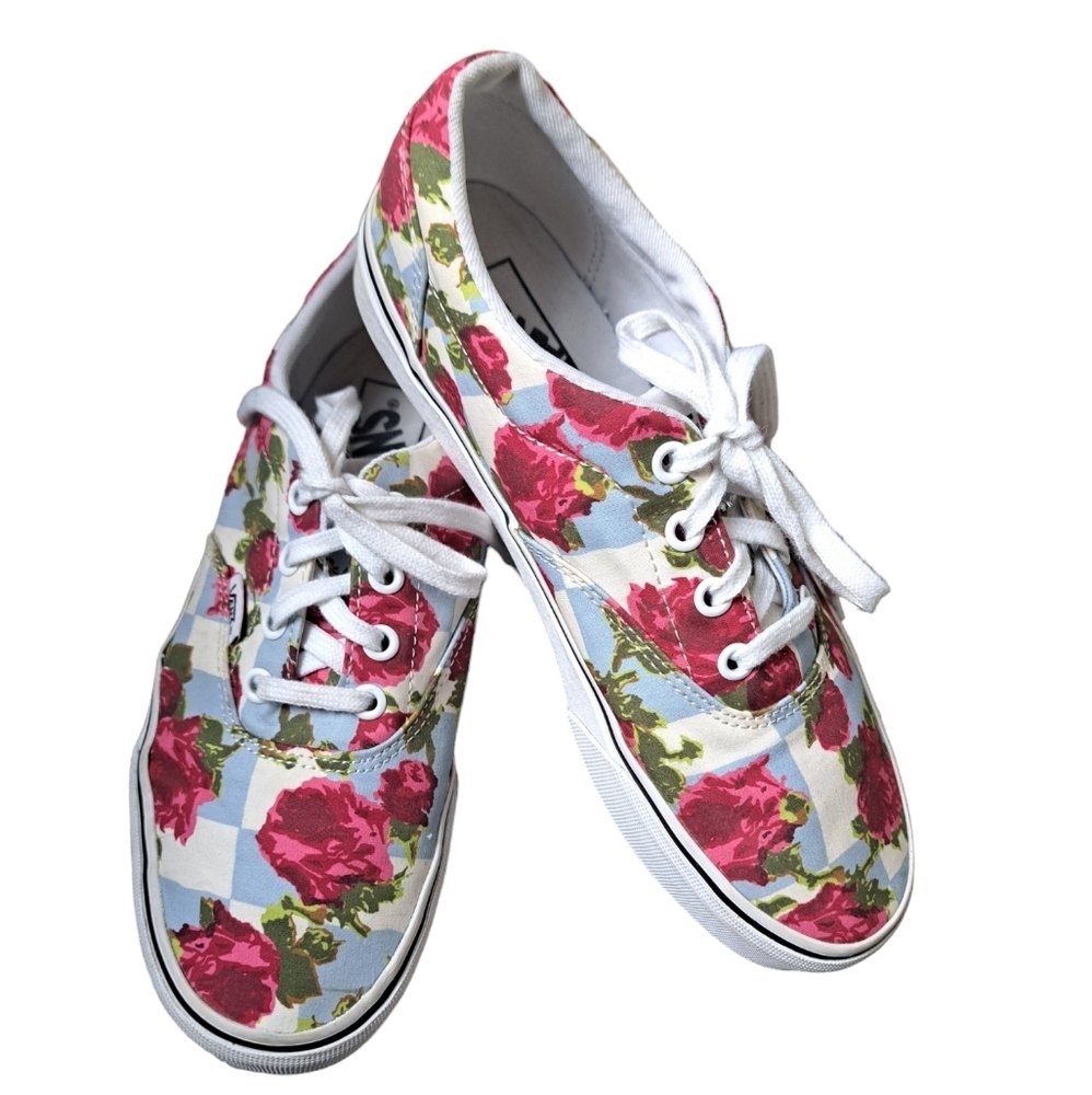 VANS checkerboard roses floral lace up Canvas Low Skate sneakers coastal 7.5 - Picture 1 of 10